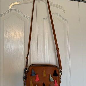 Fossil Tan Crossbody Bag with Multicolor Tassels